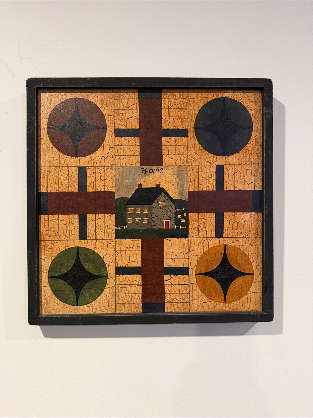 Vintage 1999 Ridge Hollow Folk Art Wooden Parcheesi Game Board - Signed BAW